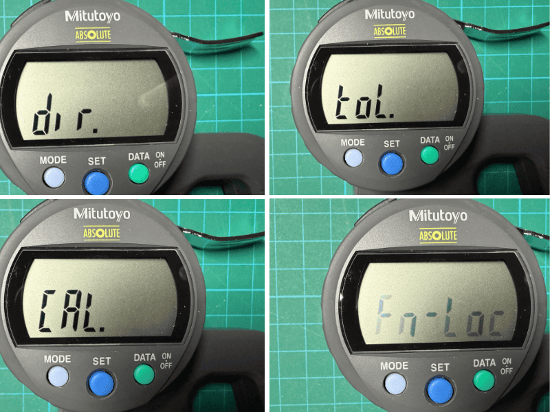 Mitutoyo 547-401 menu screen showing dir tol rES CAL Fn-Loc