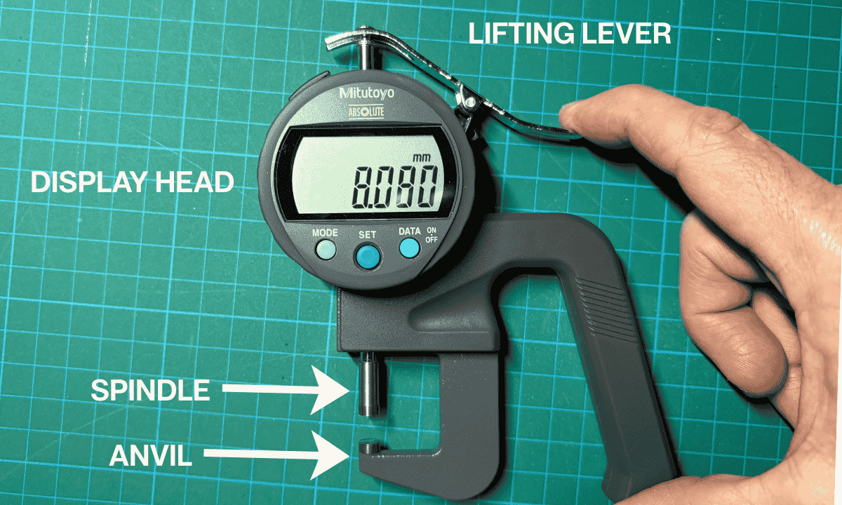 Mitutoyo 547-401 thickness gauge labeled parts spindle anvil display